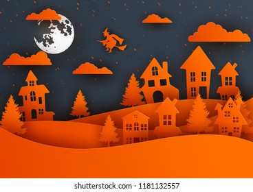 Paper art of happy Halloween,vector art and illustration.