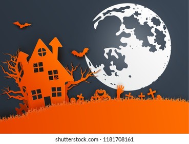 Paper art of happy Halloween,vector art and illustration.