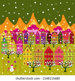 Paper art of happy new year house with on green, yellow and orange colors hills. Paper art carving. Vector illustration.