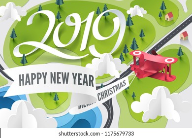 Paper art of Happy new year 2019, red airplane fly above the forest and go to the village to notice as new year is coming, vector art and illustration.