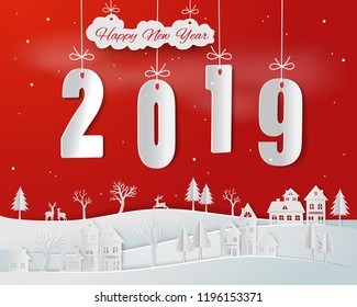 Paper art of happy new year 2019 with snow urban countryside on red background