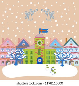 Paper art of happy new year house with on beige, white and neutral colors hills. Paper art carving. Vector illustration.