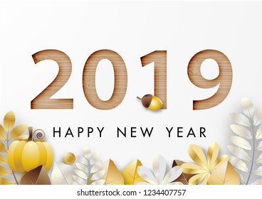 Paper art of Happy New Year 2019 Festival with Golden Leaf and Wood Texture Design vector