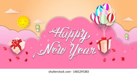 Paper art of Happy new year celebrate, Balloon with gift box flying on the sky, Flat and digital craft style vector illustration.