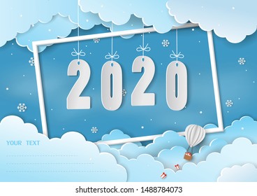 Paper art Happy new year 2020 floating in the air with space for your text,winter season on blue sky background,vector illustration