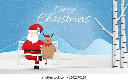 Paper art of happy Santa Claus and reindeer sit on bench on winter background, Merry Christmas. Vector illustration