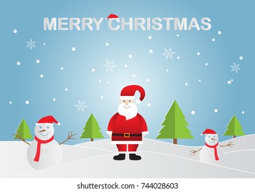 Paper art of happy Santa Claus and snowman in snow forest with text MERRY CHRISTMAS. Vector illustration