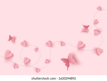 Paper art of happy valentine's day and love vector background and poster design with origami heart and butterfly.Illustration eps10.