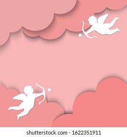 Paper art  with happy valentine's day concept. Two white cupids on a background of pink clouds. Vector illustration of romantic greeting cards, invitations, banner template, mock up