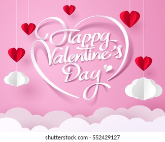 Paper art of happy valentines day with heart and cloud hang on sky, vector art and illustration.