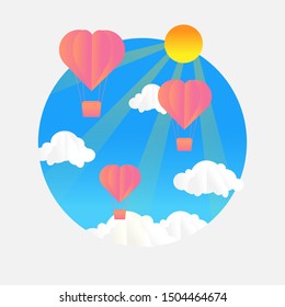 Paper art heart balloon cloud blue sky background and sunshine. vector illustration.
