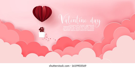 Paper art of heart balloon float sky and scattering little heart on cloud,Origami valentine's day concept.