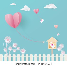 Paper art of heart balloon flying and send love letters to home, valentine's day concept, vector art and illustration.
