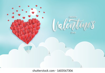 Paper art of heart balloon flying and scattering little heart in the sky, origami and valentine's day concept, vector art and illustration.