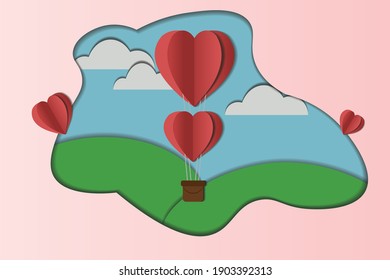 Paper art of heart balloon flying and valentine's day concept, vector art and illustration.