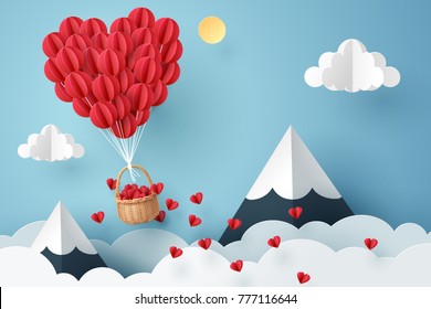 Paper art of heart balloon flying and scattering little heart in the sky, origami and valentine's day concept, vector art and illustration.