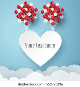 Paper art of heart hang on sky with balloon, template for text and label in valentine concept, vector art and illustration.