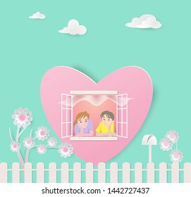 Paper art of heart home, wedding and love and family and valentine's day concept, vector art and illustration.