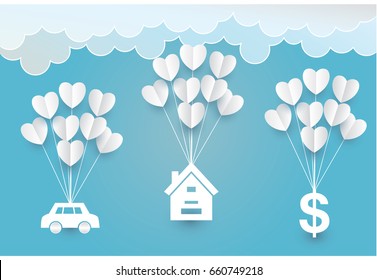 Paper Art  Heart House Car Cloud  In The Sky Concept, Vector And
 Illustration