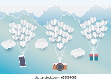 Paper art  heart mobile camera cloud  in the sky concept,  and illustration