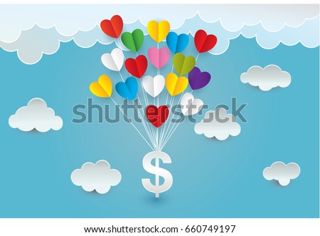 Paper Art Heart Money Cloud Sky Stock Vector Royalty Free - paper art heart money cloud in the sky concept vector and illustration