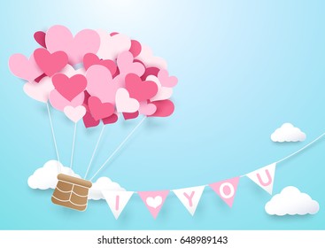 Paper art heart shape balloon with garland. Love concept background