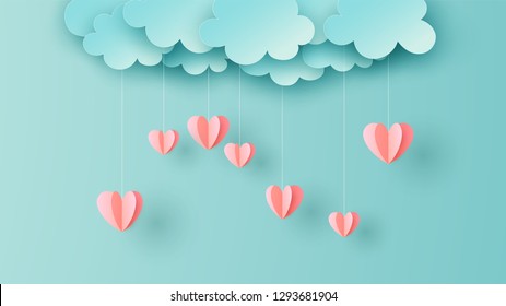 Paper art of Heart shape hanging from the sky on pastel background. Graphic design for Valentine’ day. paper cut and craft style. vector, illustration.