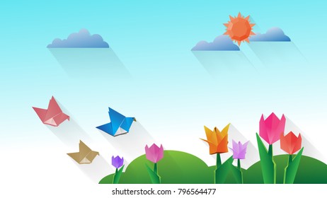 Paper art hello welcome spring season, Birds Flying in the sky, Flowers, Cloud, Sun, Origami Concept.