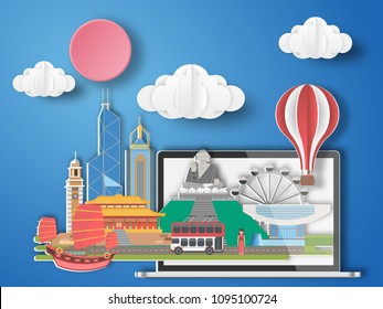 Paper art Hongkong,China infographic . China cityscape with labtop .