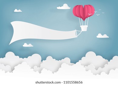 paper art of hot air balloons at heart shape flying on the sky and clouds. origami paper cut and valentine concept.