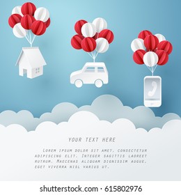 Paper art of house, car and mobile phone hanging with balloon, business and asset management concept and paper art idea, vector art and illustration.