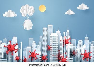 Paper art of house hang with balloon fly above paper virus town, work from home and healthy lifestyle concept, vector art and illustration.