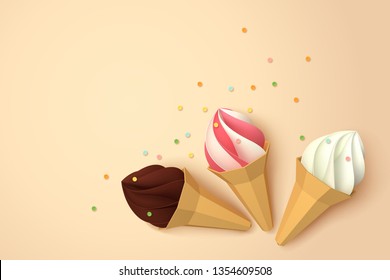 Paper art of ice cream with copy space, vector art and illustration.