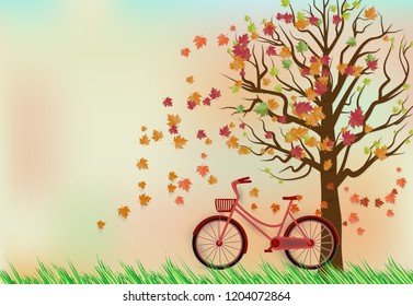 Paper art of illustration Autumn with red bicycle under maple tree and floating maple leaves, paper craft for background, greeting card