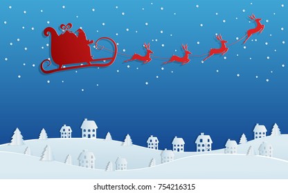 Paper art illustration of christmas with santa claus flying with reindeer sleigh on sky to village. Merry christmas and happy new year. Cartoon Vector Illustration.