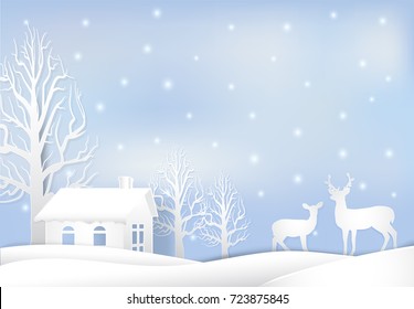 Paper art illustration of House and deer, Christmas season background  paper cut style