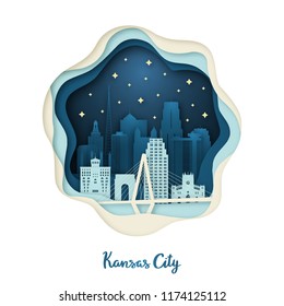 Paper art illustration of Kansas City. Origami concept. Night city with stars. Vector illustration.