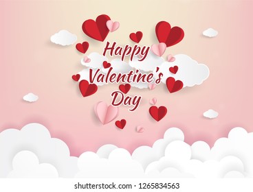 Paper art of illustration love and valentine day,Origami made hot air balloon flying