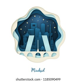 Paper art illustration of Madrid. Origami concept. Night city with stars. Vector illustration.