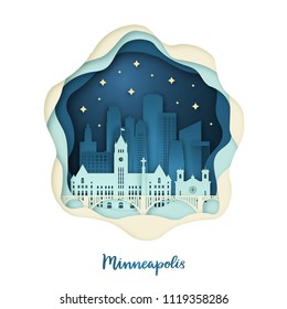 Paper art illustration of Minneapolis. Origami concept. Night city with stars. Vector illustration.