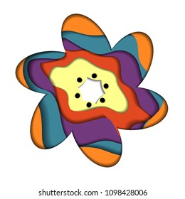 Paper art illustration, multi layers. A flower in colors blue,red,yellow. An object papercut isolated. Vector illustrtation