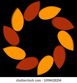 Paper art illustration, multi layers. A flower,petals, wreath in colors red,yellow.Background is black. For texts,inscriptions. An object papercut isolated. Vector illustrtation