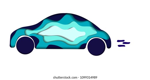 Paper art illustration, multi layers. Car, auto in blue colors. An object papercut isolated. Vector illustrtation with shadows.
