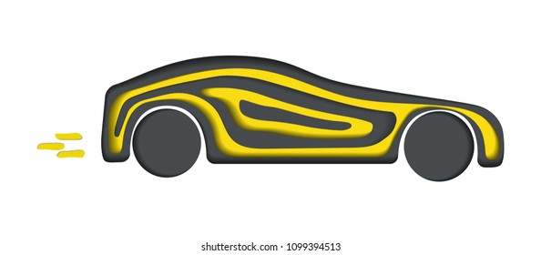 Paper art illustration, multi layers. Car, auto in colors yellow and grey. An object papercut isolated. Vector illustrtation with shadows.