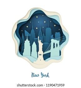 Paper art illustration of New York. Origami concept. Night city with stars. Vector illustration.