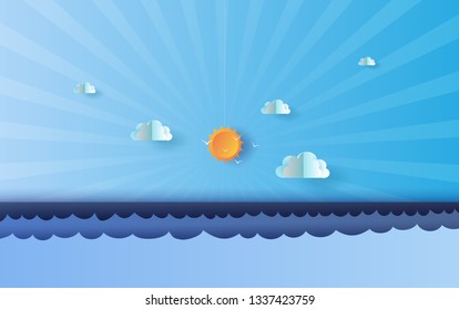 Paper art of Illustration Summer time Blue sea and sky landscape,Summer sea view scenery sunlight beautiful,pastel sweet color,graphic digital idea paper cut and craft style. vector.illustration.