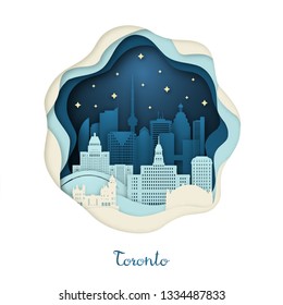 Paper art illustration of Toronto. Origami concept. Night city with stars. Vector illustration. 