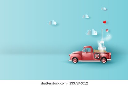 Paper art of Illustration of travel in holiday with red Classic pickup truck car,Vintage pickup truck Carrying Eiffel tower for Traveling balloons by gift box floating on cloud sky,pastel color,vector