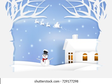 Paper art illustration of Winter holiday snow and snowman. Christmas season background paper cut style