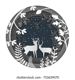 Paper Art Illustrations. The Beauty Of Christmas And New Year. There Are Deer And Snow.